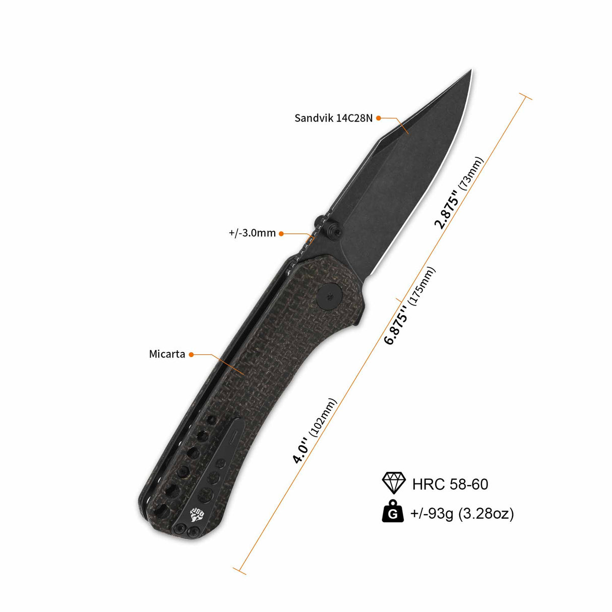 QSP Kestrel pocket knife with black blade and green micarta handle, open position.