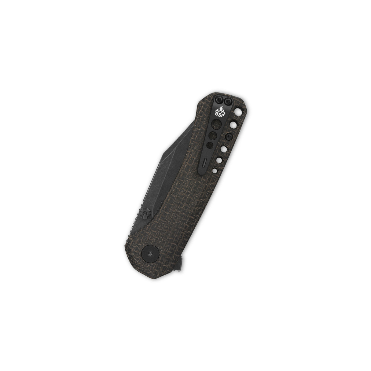 QSP Kestrel pocket knife closed, dark brown micarta handle with black clip.