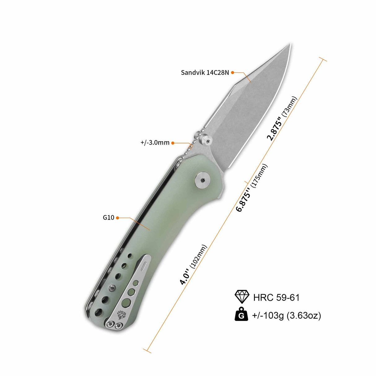 QSP Kestrel pocket knife with jade G10 handle and 14C28N stainless steel blade