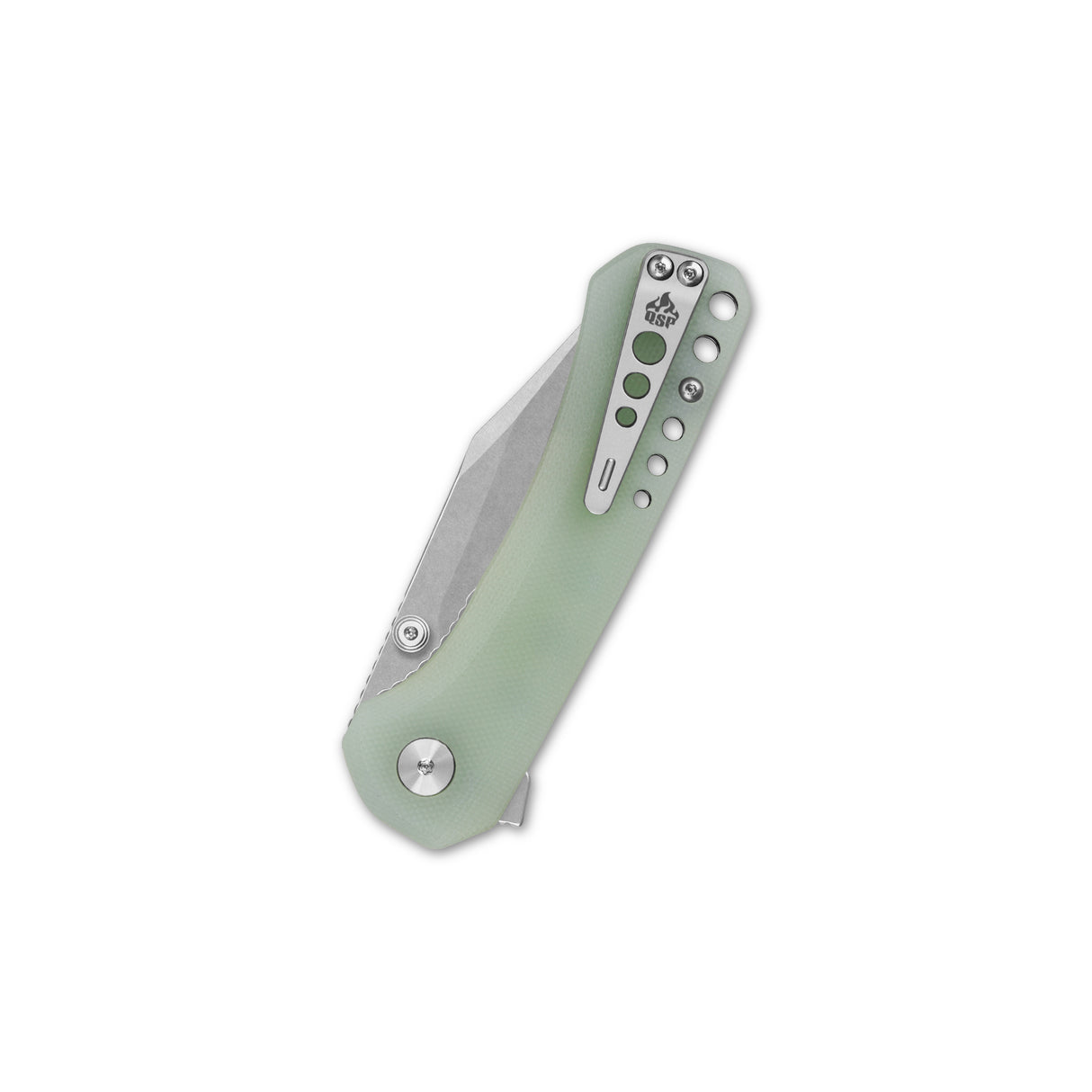 Closed QSP Kestrel pocket knife with jade G10 handle and 14C28N blade