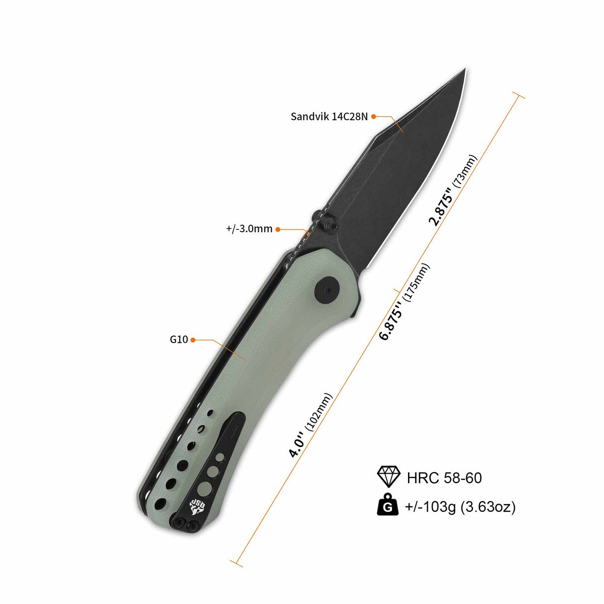 QSP Kestrel pocket knife closed, jade G10 handle with black 14C28N blade.