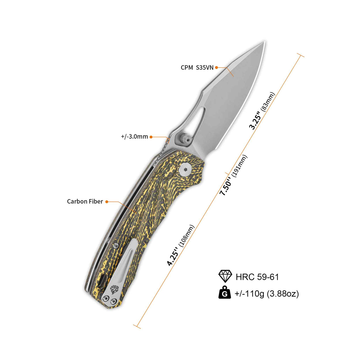 QSP Hornbill pocket knife with S35VN blade and golden carbon fiber handle dimensions