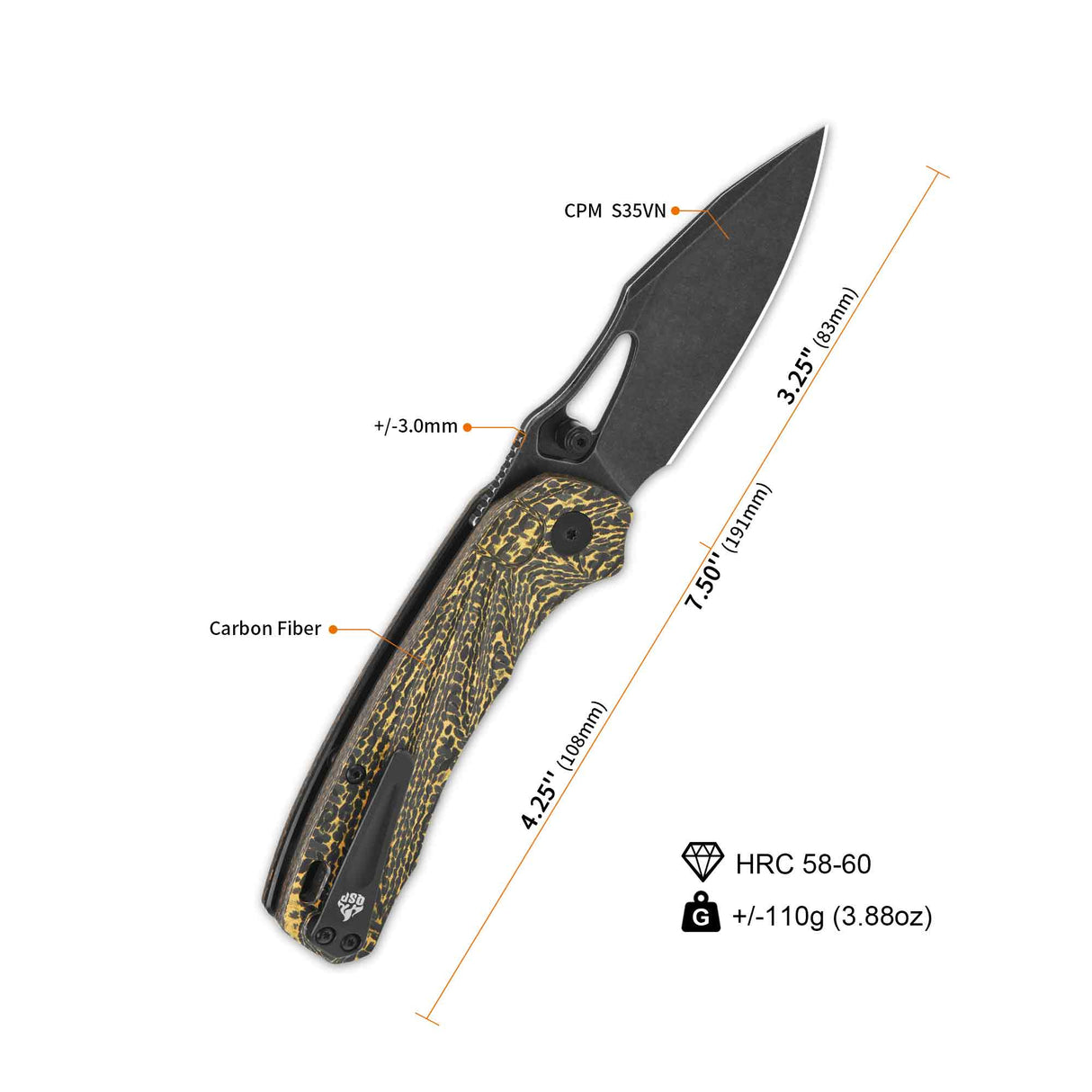 QSP Hornbill pocket knife with S35VN blade and textured golden carbon fiber handle.