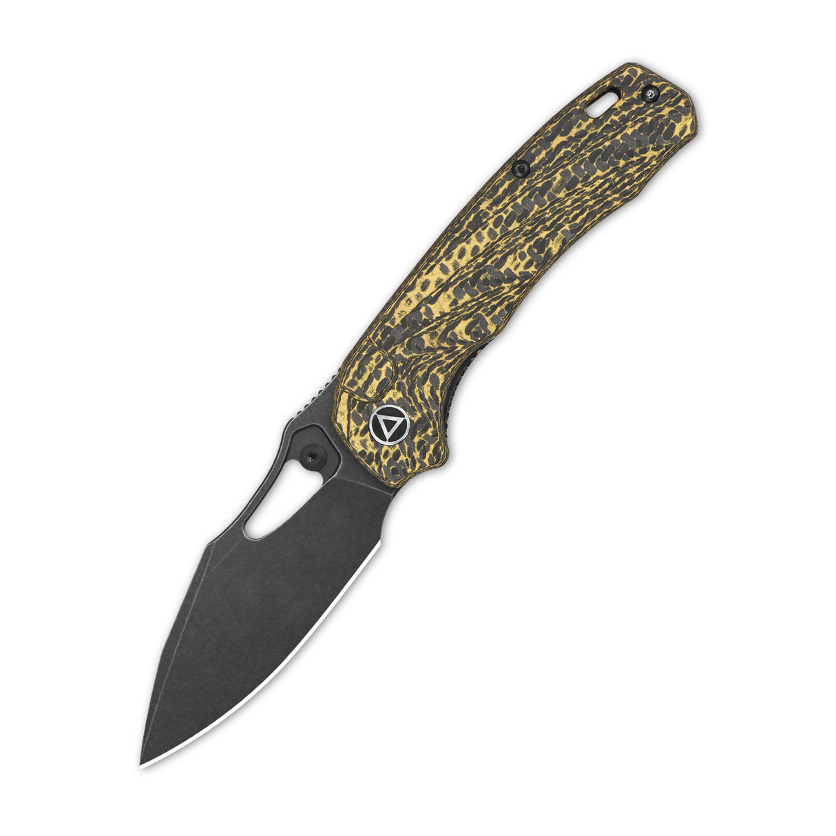 Hornbill pocket knife S35VN blade with textured golden carbon fiber handle.