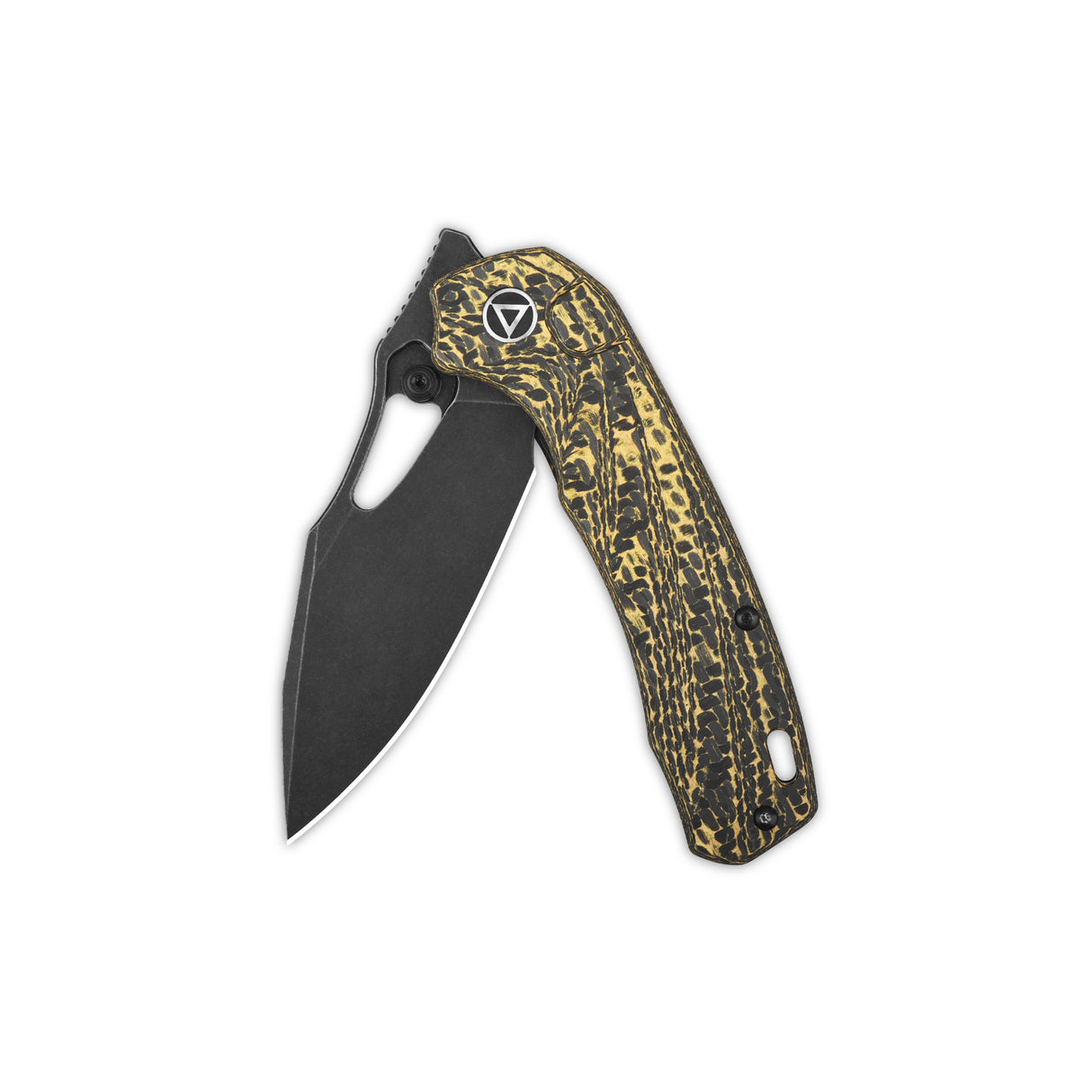 QSP Hornbill pocket knife with black S35VN blade and golden carbon fiber grip.