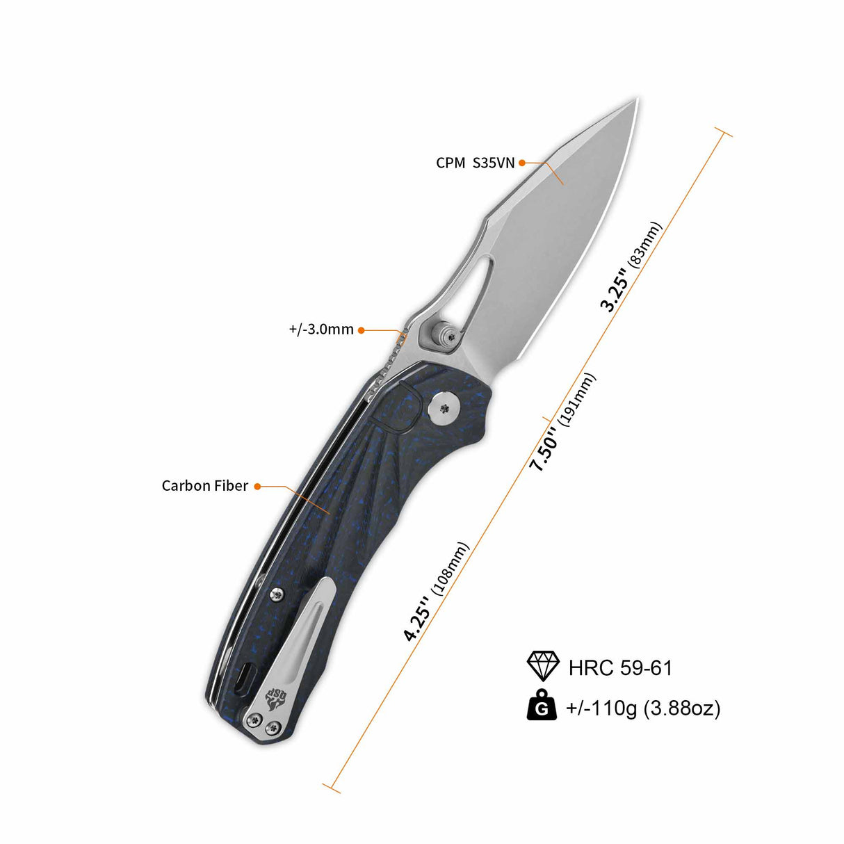 Closed QSP Hornbill pocket knife featuring blue carbon fiber handle and S35VN blade.