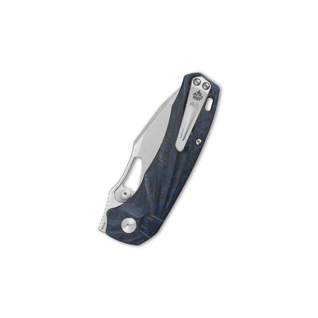 Closed QSP Hornbill pocket knife with blue CF handle and S35VN blade