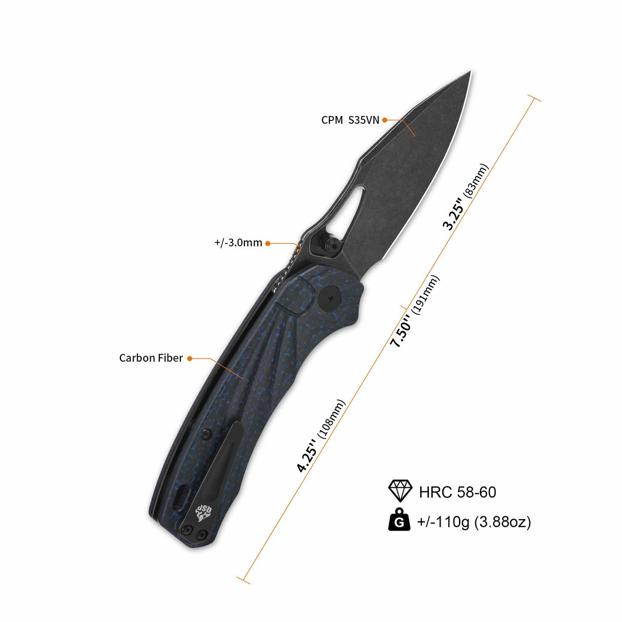 Closed QSP Hornbill pocket knife with S35VN blade and blue carbon fiber handle