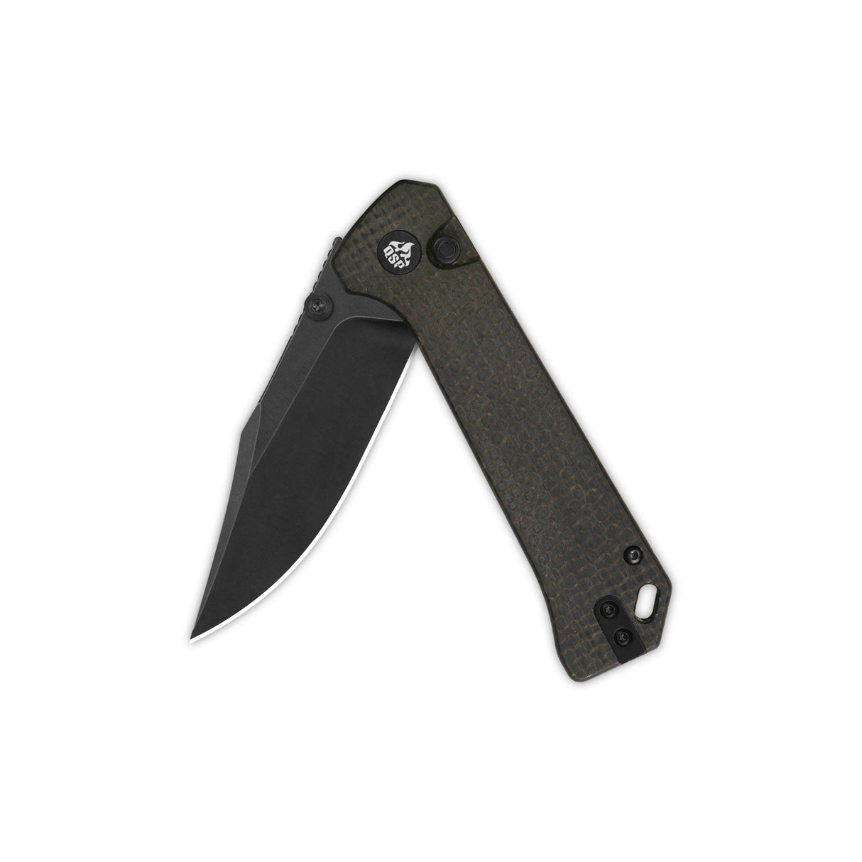 QSP Grebe pocket knife with a black clip point blade and dark green Micarta handle