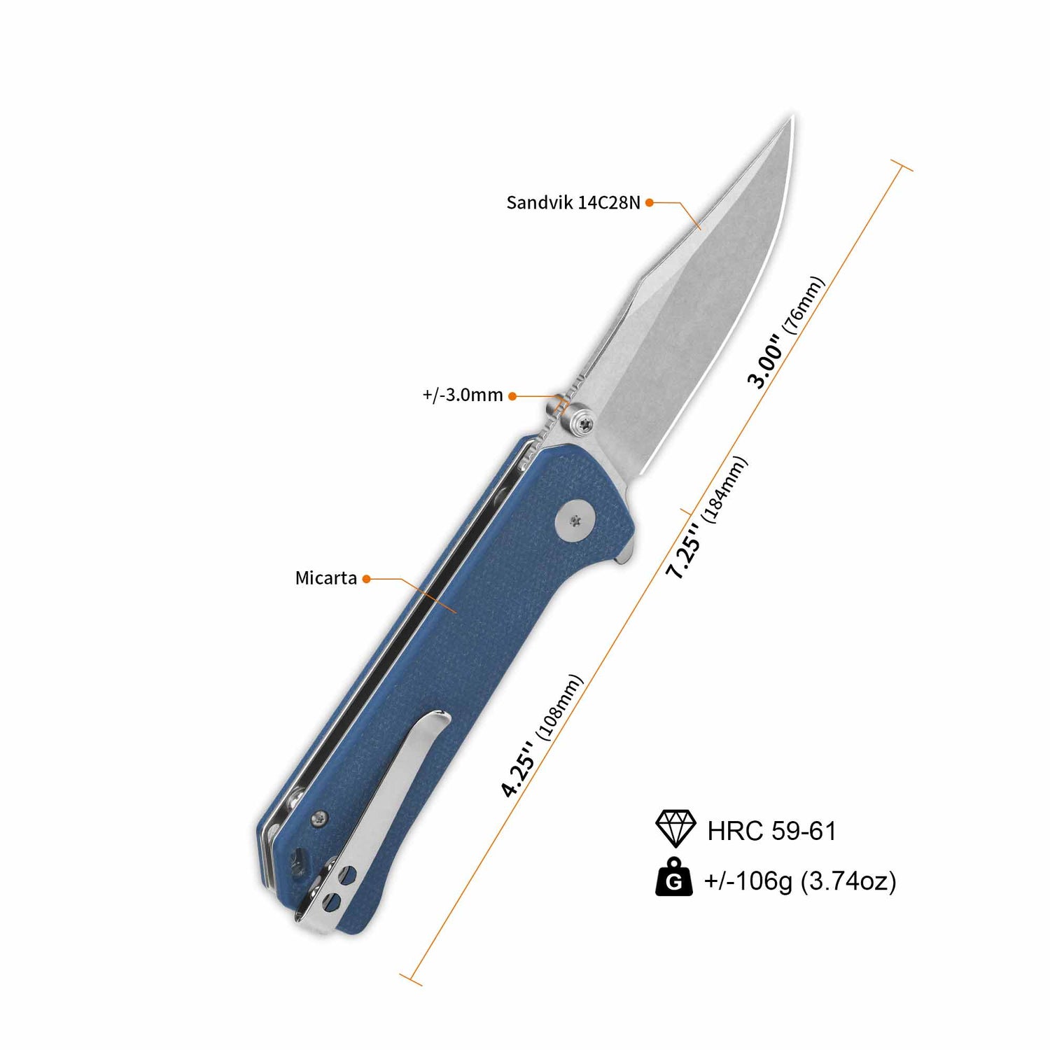QSP Grebe pocket knife with blue Micarta handle, 3-inch 14C28N blade, dimensions displayed