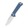 QSP Grebe button lock pocket knife with blue Micarta handle and 14C28N blade
