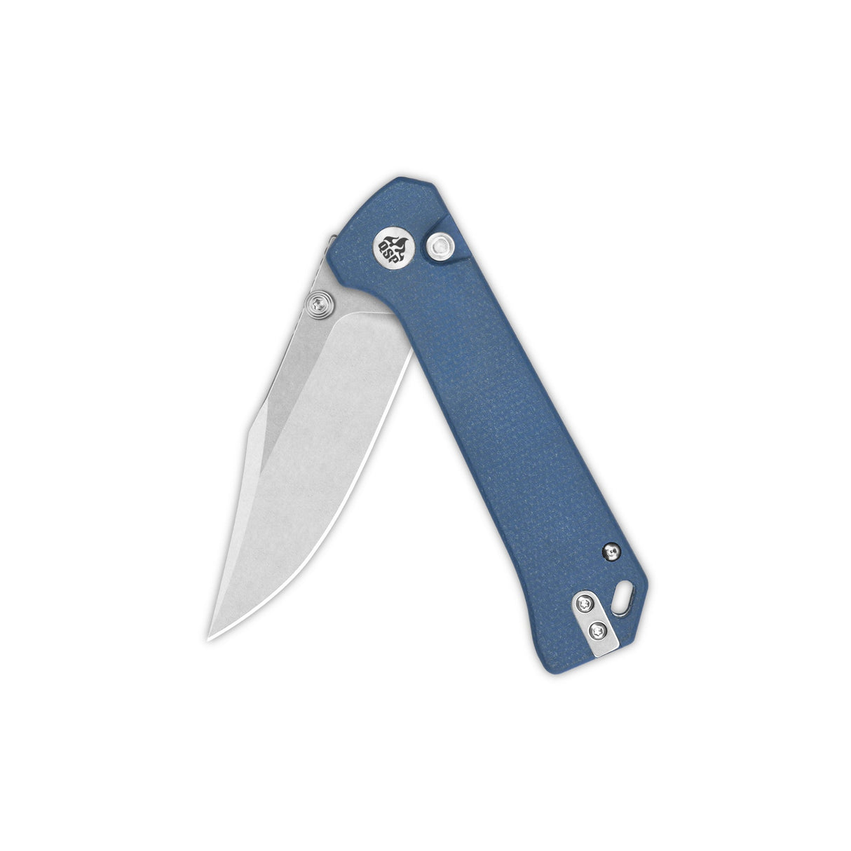 QSP Grebe pocket knife open, featuring blue Micarta handle and clip point 14C28N blade.