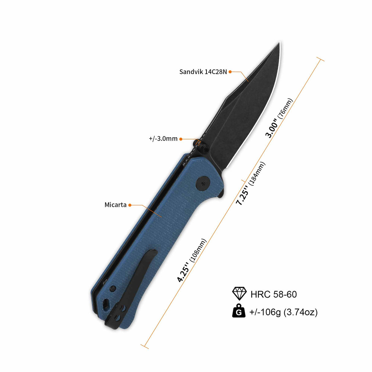 QSP Grebe pocket knife with blue Micarta handle and black 14C28N clip point blade