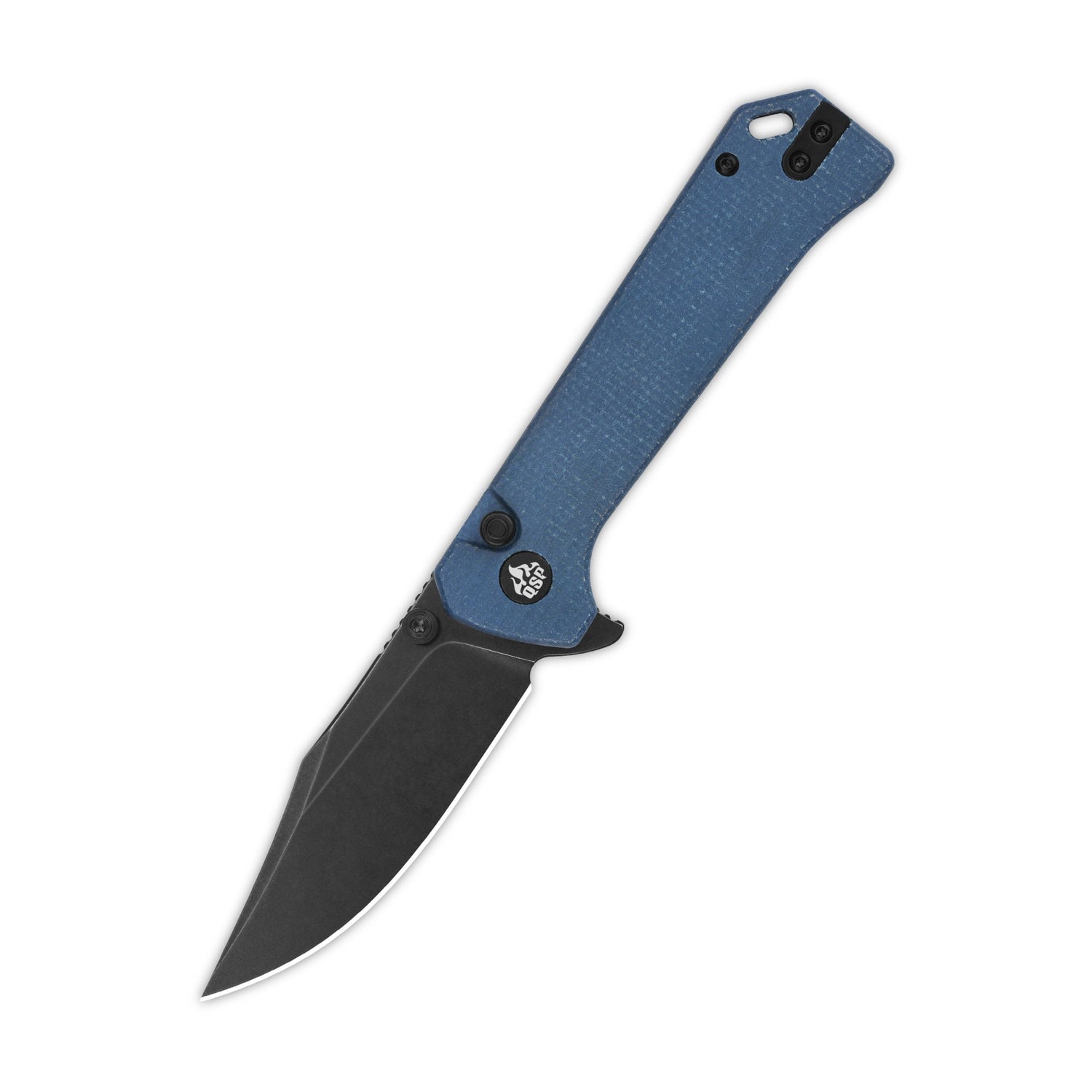 QSP Grebe pocket knife with blue Micarta handle and black clip point blade