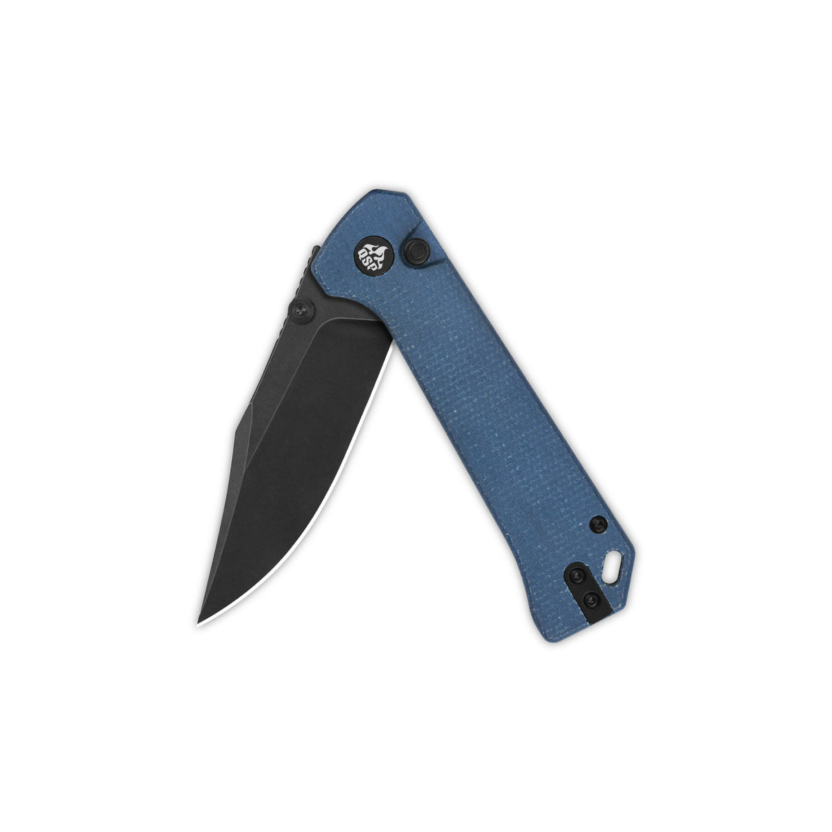 QSP Grebe pocket knife with blue Micarta handle and clip point blade partially open