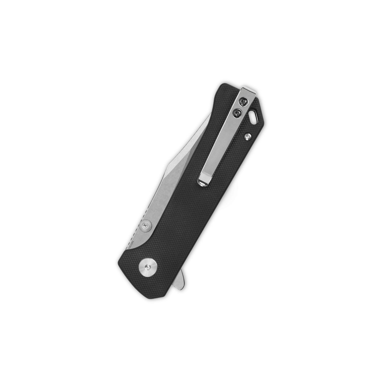 QSP Grebe pocket knife with closed black G10 handle and stainless steel clip