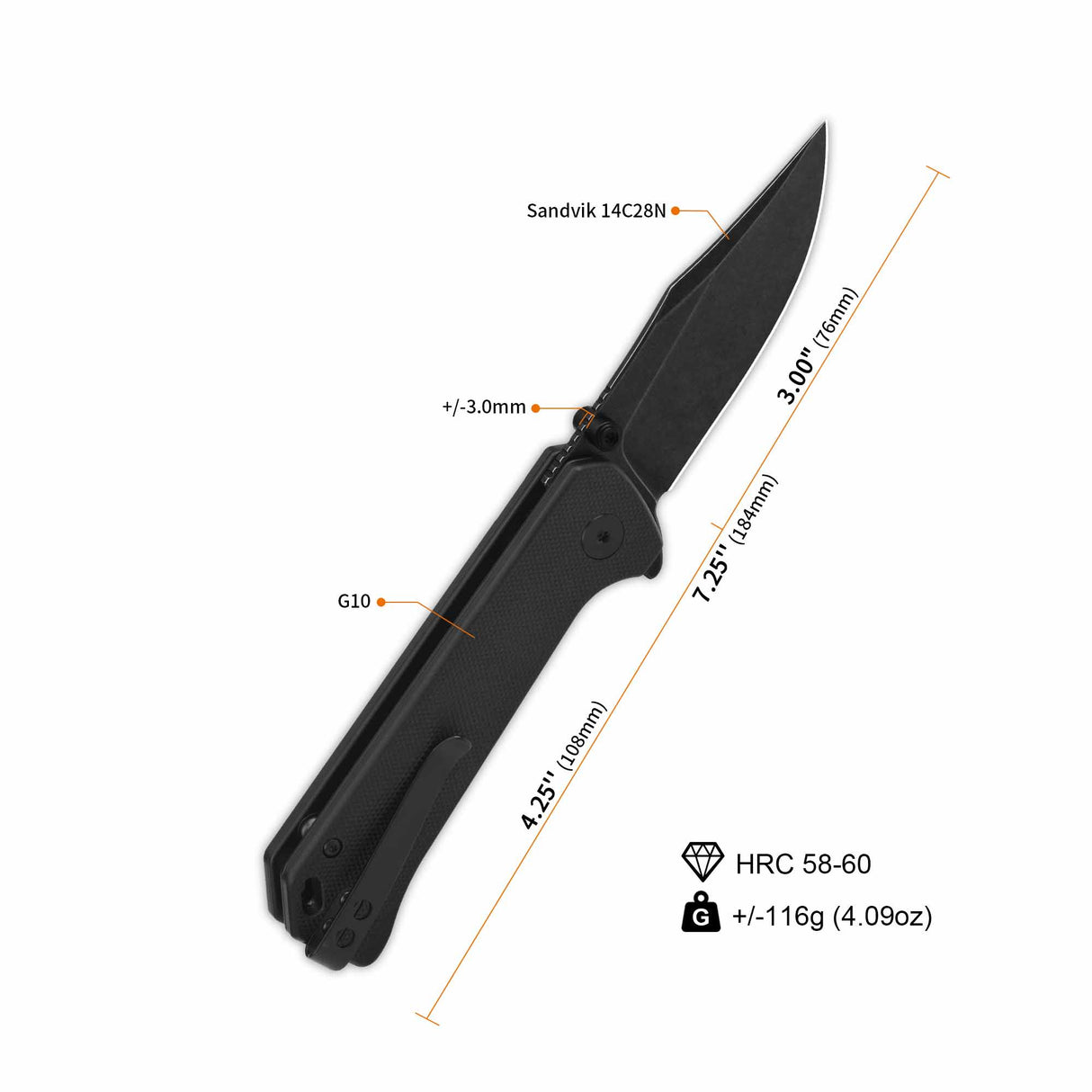 QSP Grebe Button Lock Pocket Knife 14C28N blade Black G10 Handle