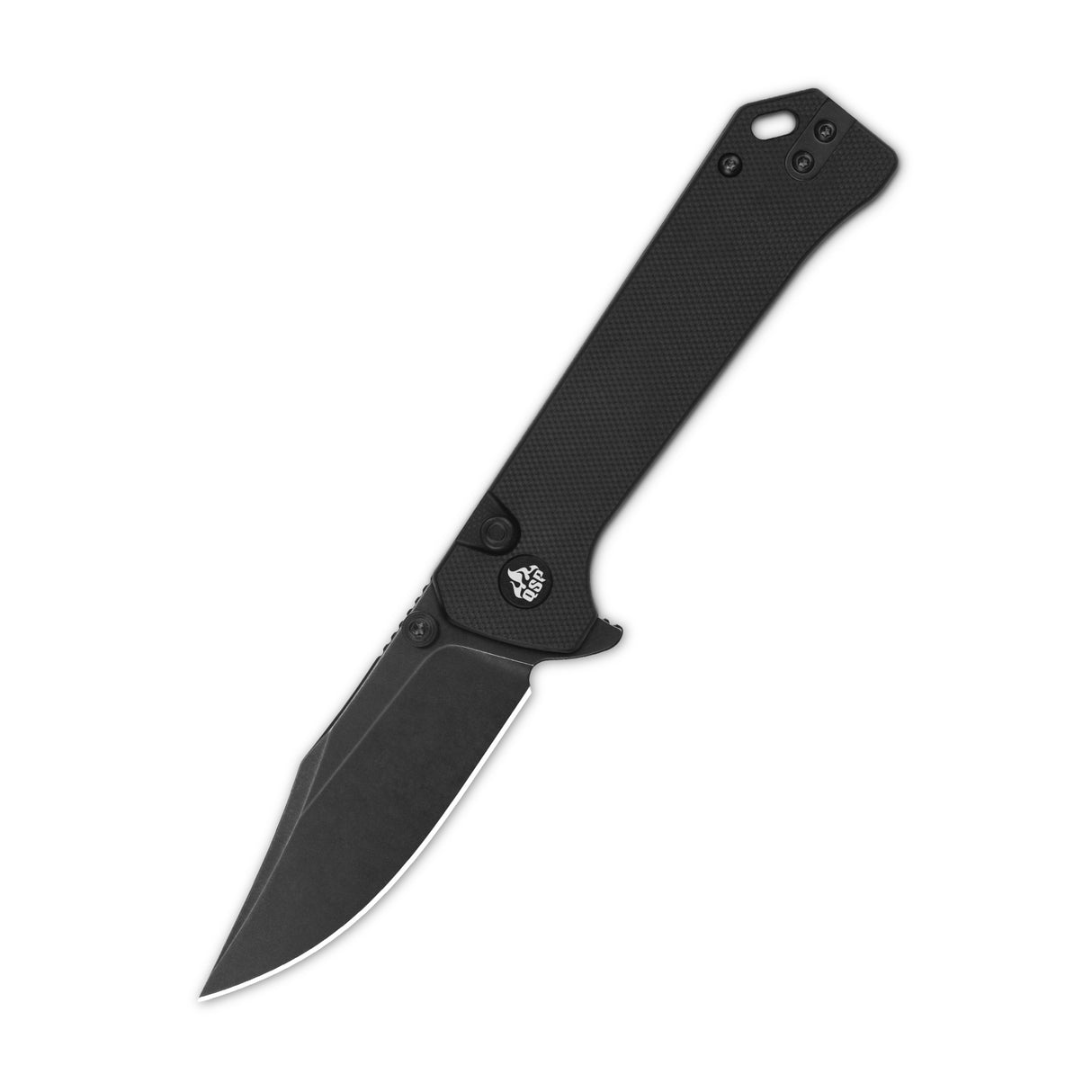 Open QSP Grebe pocket knife with black G10 handle and clip point 14C28N blade