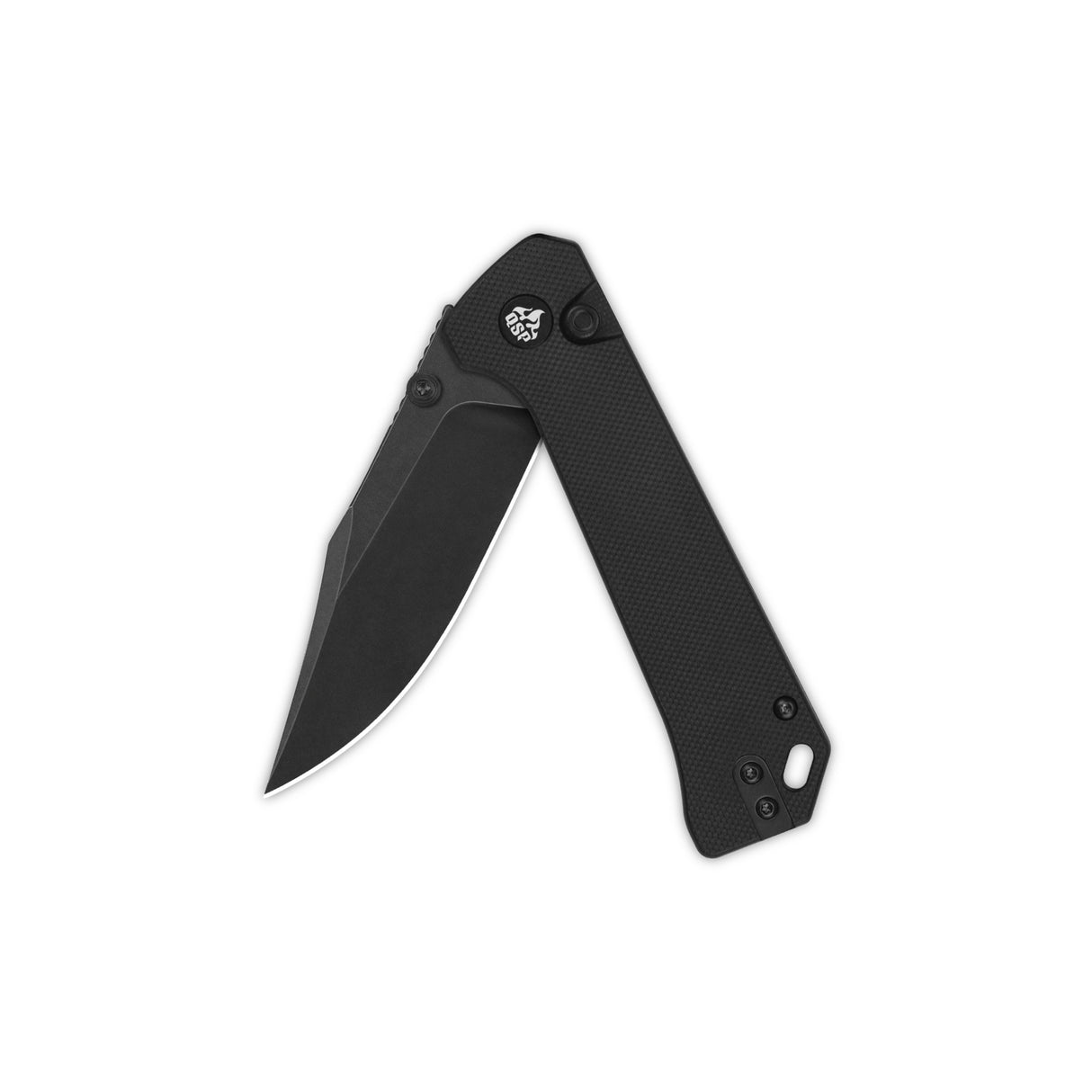 QSP Grebe knife with black G10 handle and clip point 14C28N blade partially open