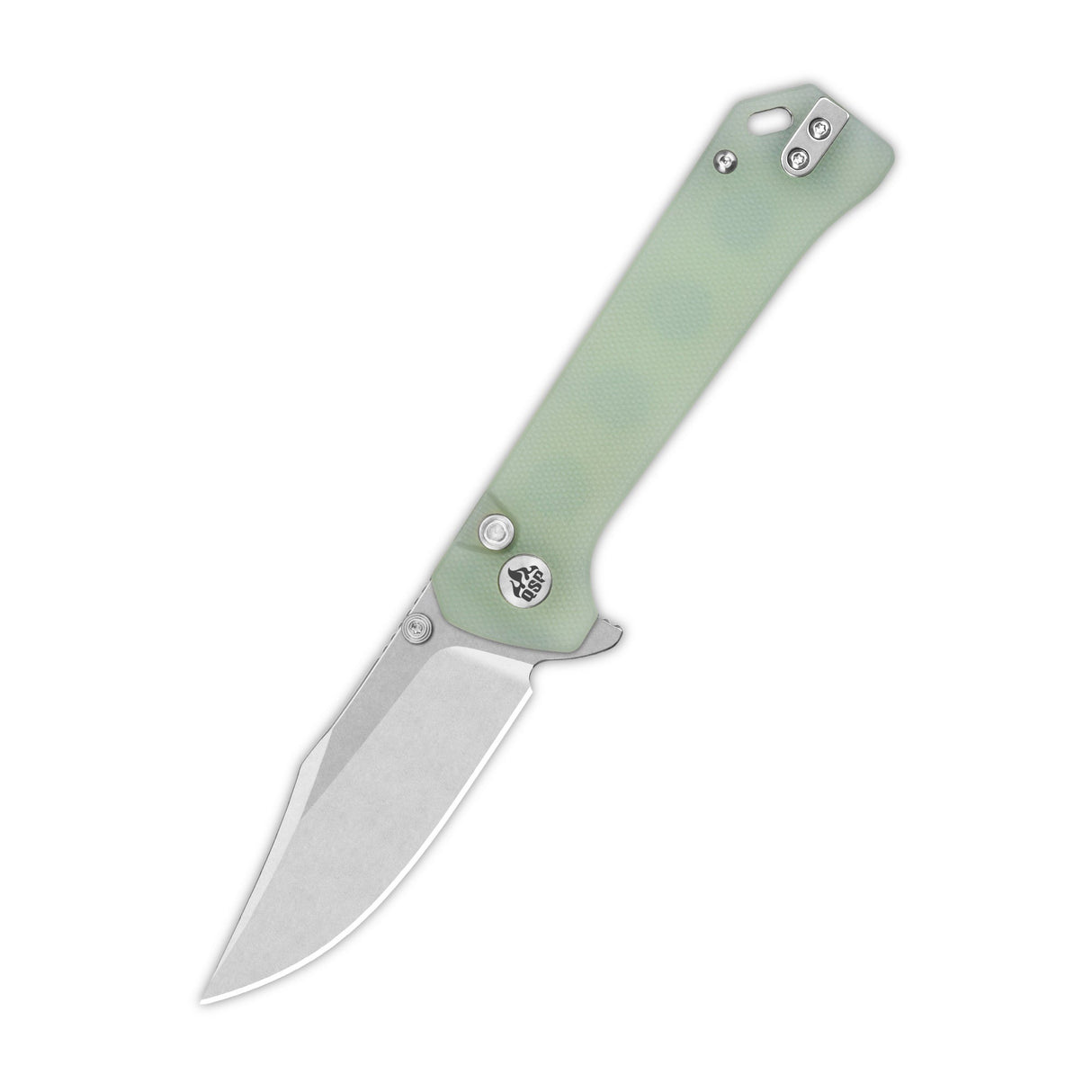 QSP Grebe pocket knife with jade G10 handle and clip point 14C28N blade