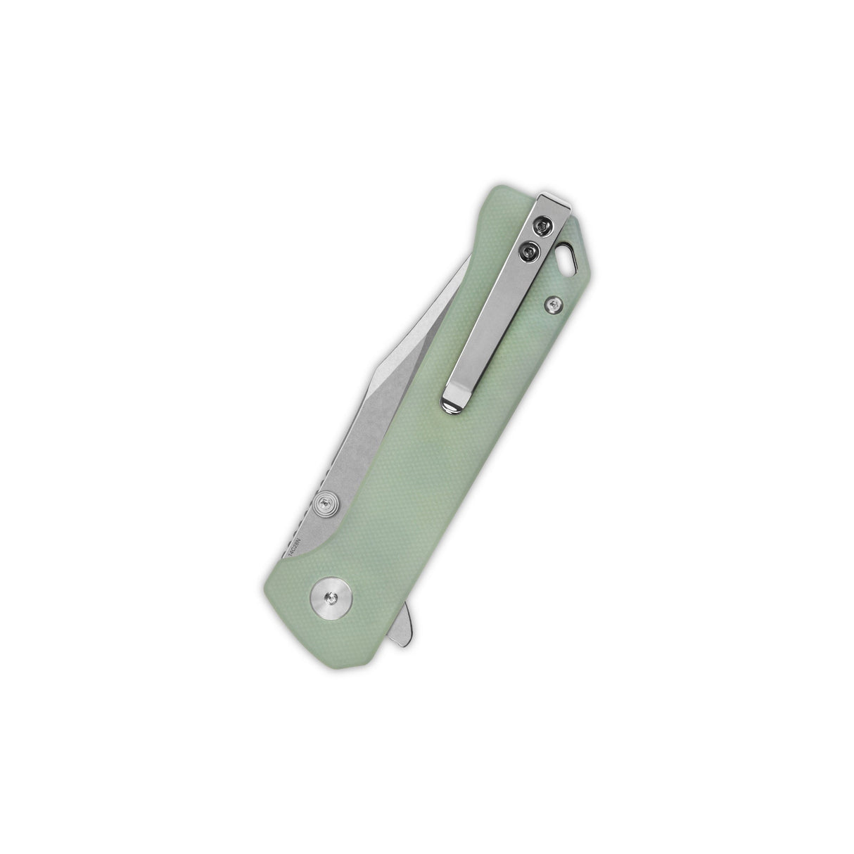 QSP Grebe pocket knife with jade G10 handle and button lock mechanism