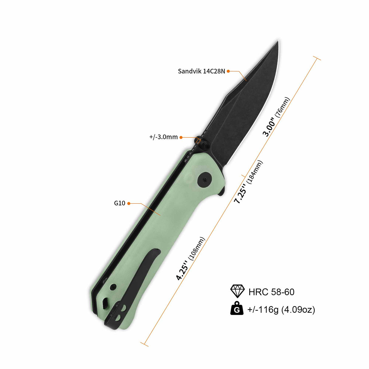 QSP Grebe pocket knife with jade G10 handle and 3-inch 14C28N blade