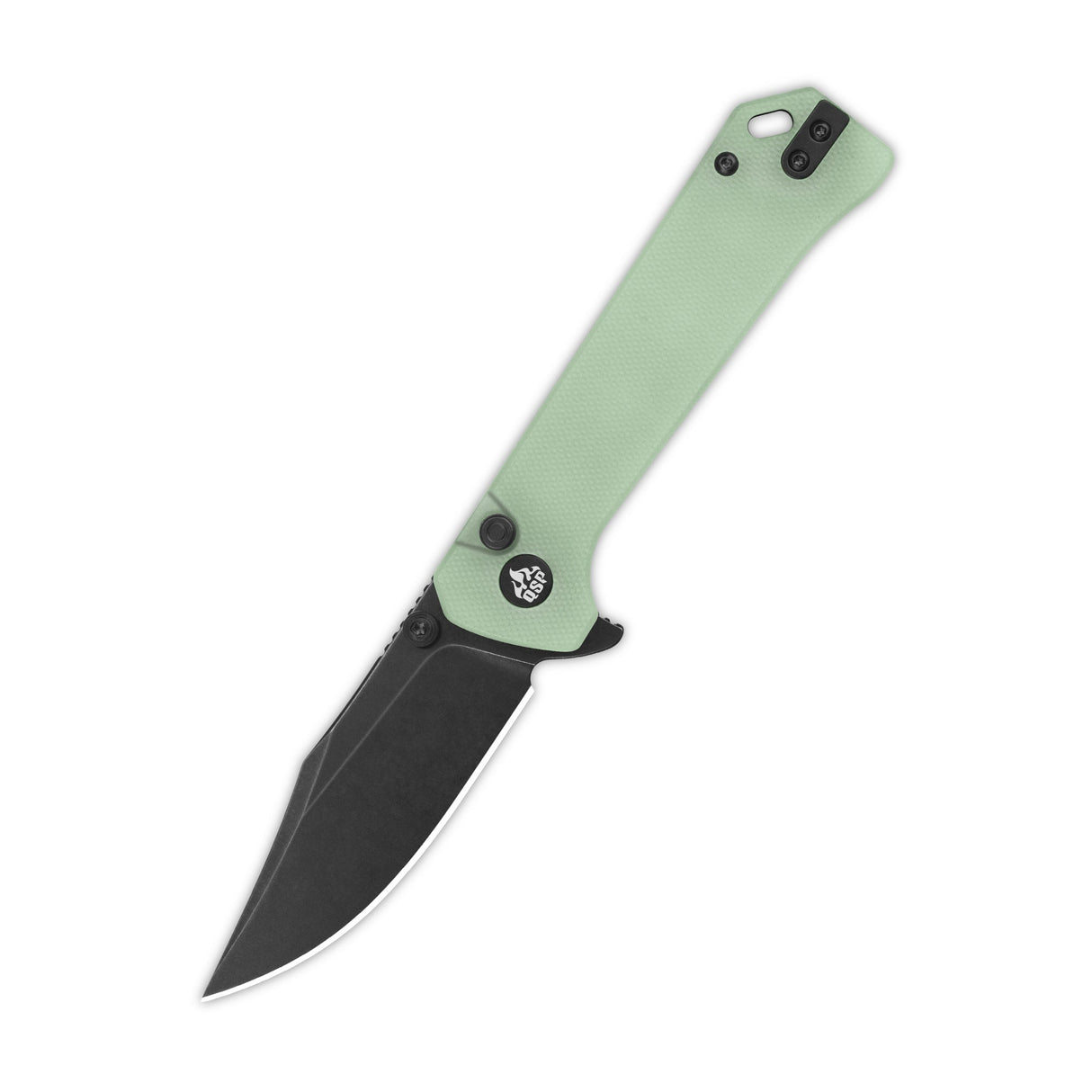 QSP Grebe pocket knife featuring jade G10 handle and stylish clip point 14C28N blade.