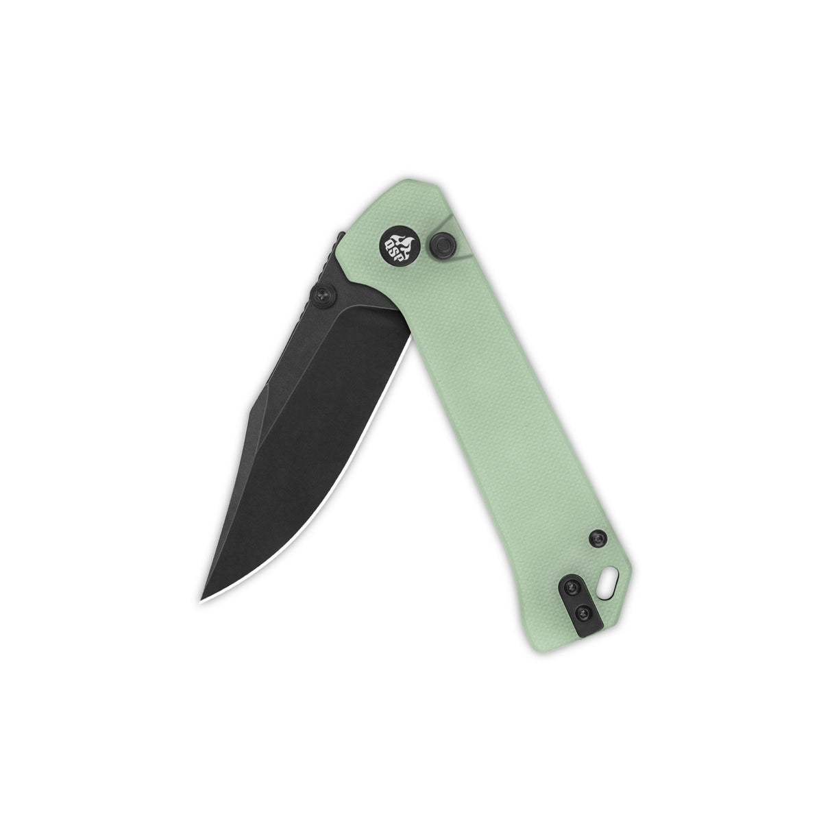 QSP Grebe pocket knife with jade G10 handle and clip point blade in folded position.
