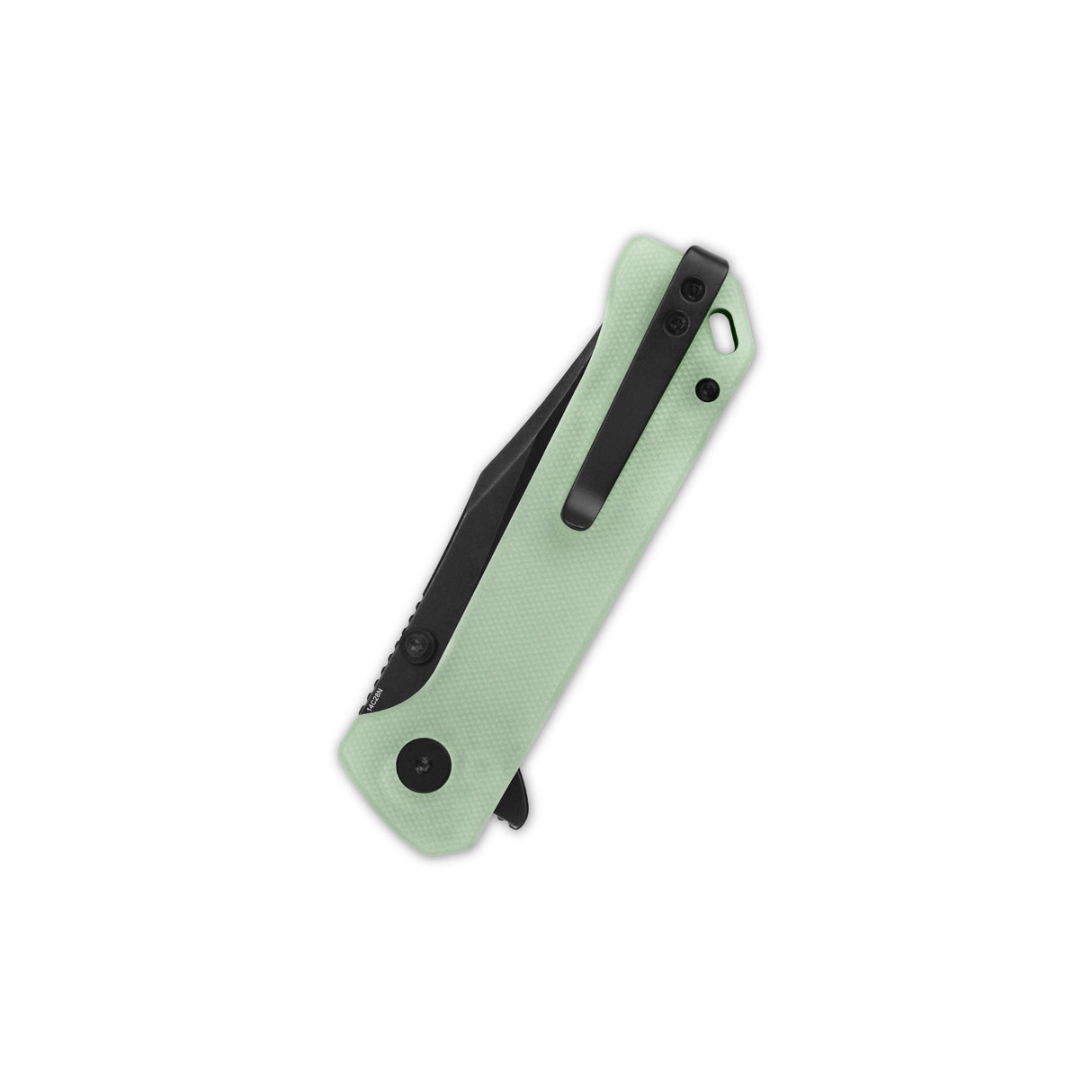 Folded QSP Grebe pocket knife with jade G10 handle and clip point blade