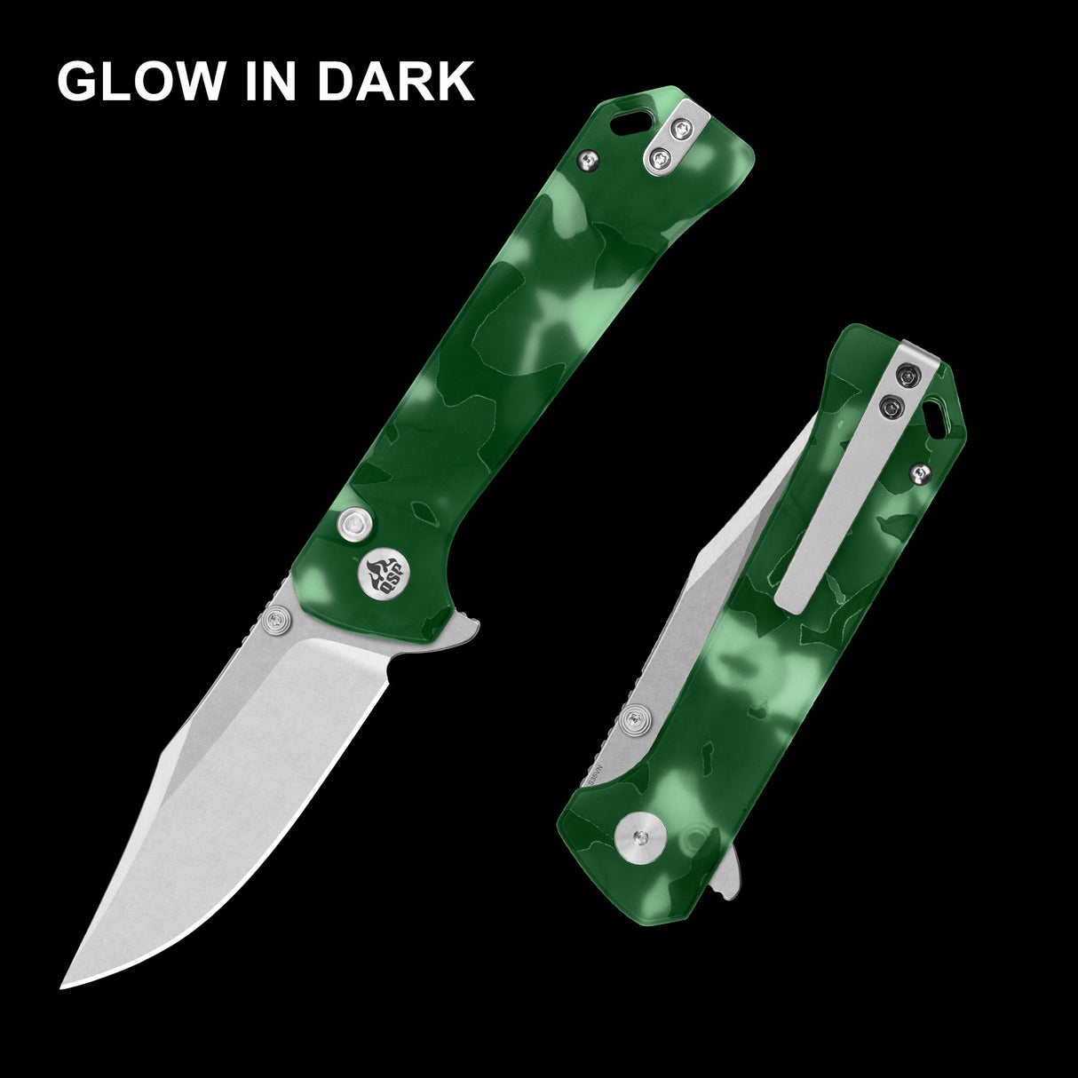 QSP Grebe pocket knife with glow-in-the-dark camouflage handle and clip point blade.