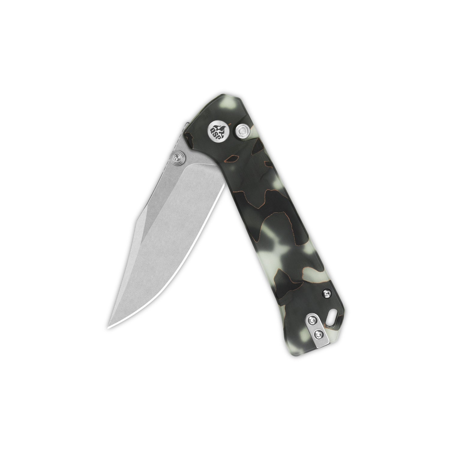 QSP Grebe pocket knife with camo handle and S35VN clip point blade.