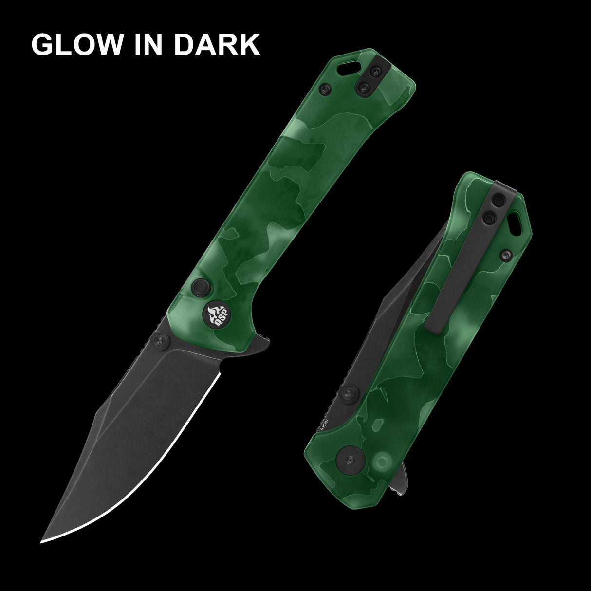 QSP Grebe pocket knife with glow-in-the-dark green camouflage handle and clip point blade.