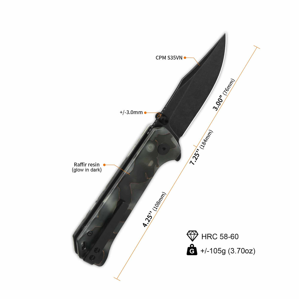 QSP Grebe pocket knife with S35VN clip point blade and glow-in-the-dark camouflage handle.