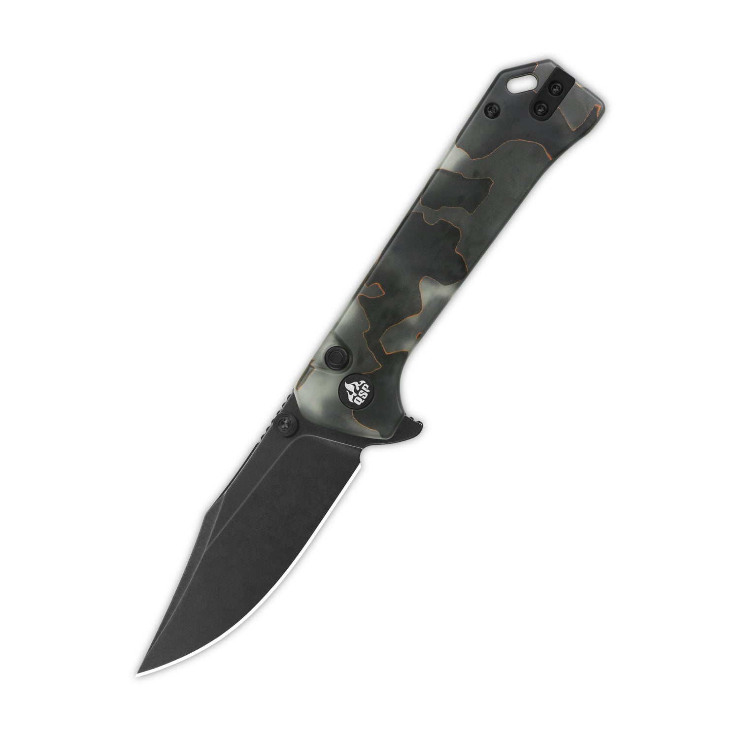 QSP Grebe pocket knife with camouflage Raffir resin handle and S35VN blade.