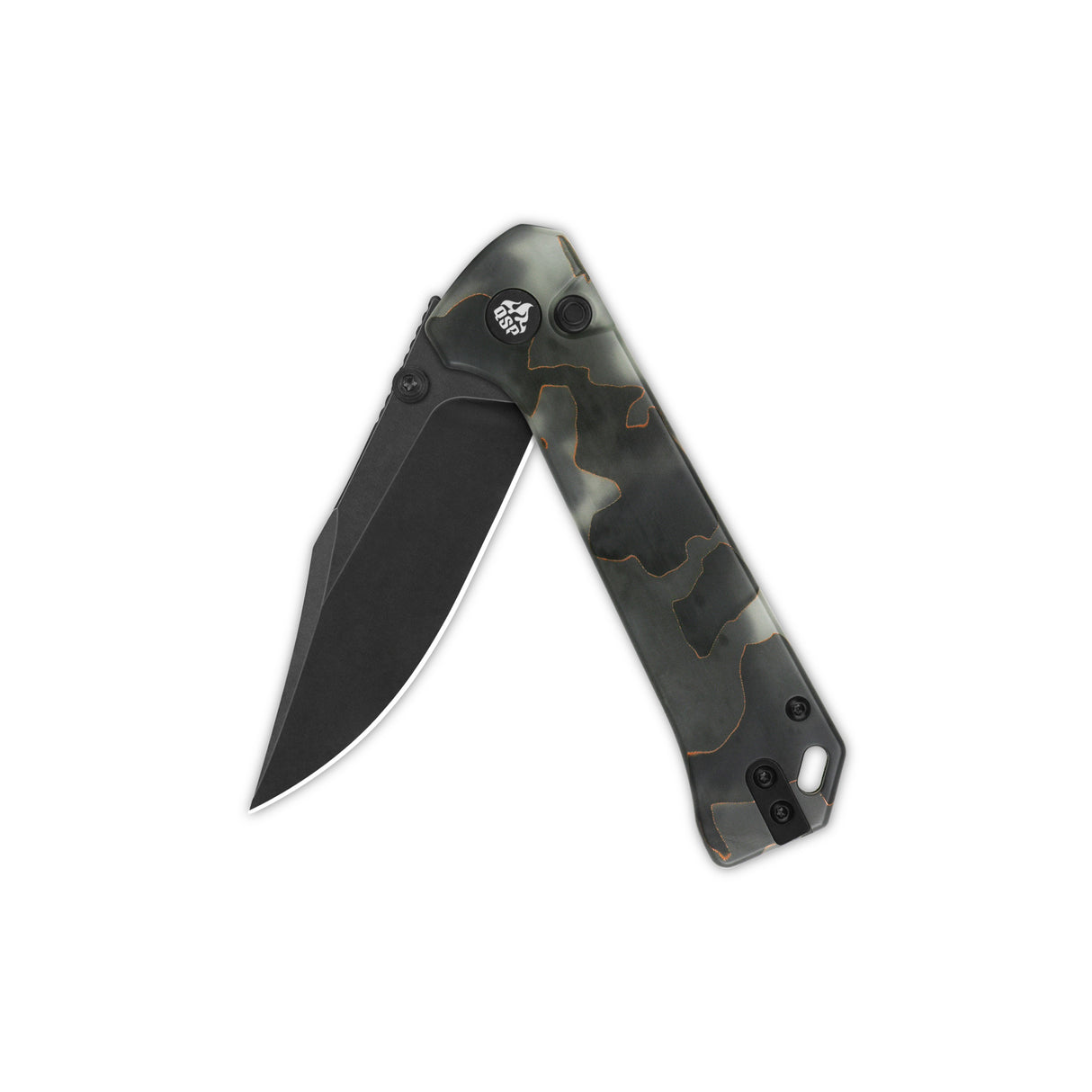 QSP Grebe pocket knife with glow-in-the-dark camo handle and S35VN clip point blade.