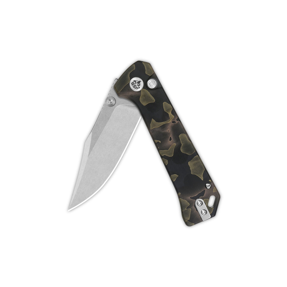 QSP Grebe pocket knife open position with S35VN blade and camo Raffir resin handle