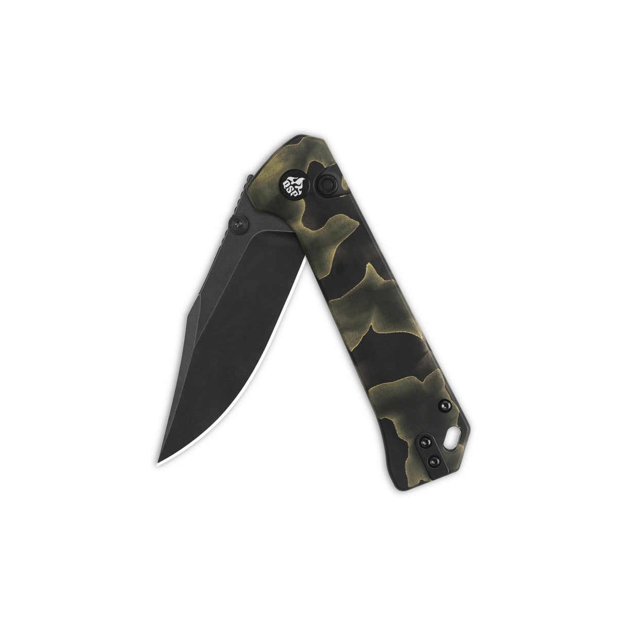 Closed QSP Grebe pocket knife with S35VN blade and camouflage Raffir resin handle