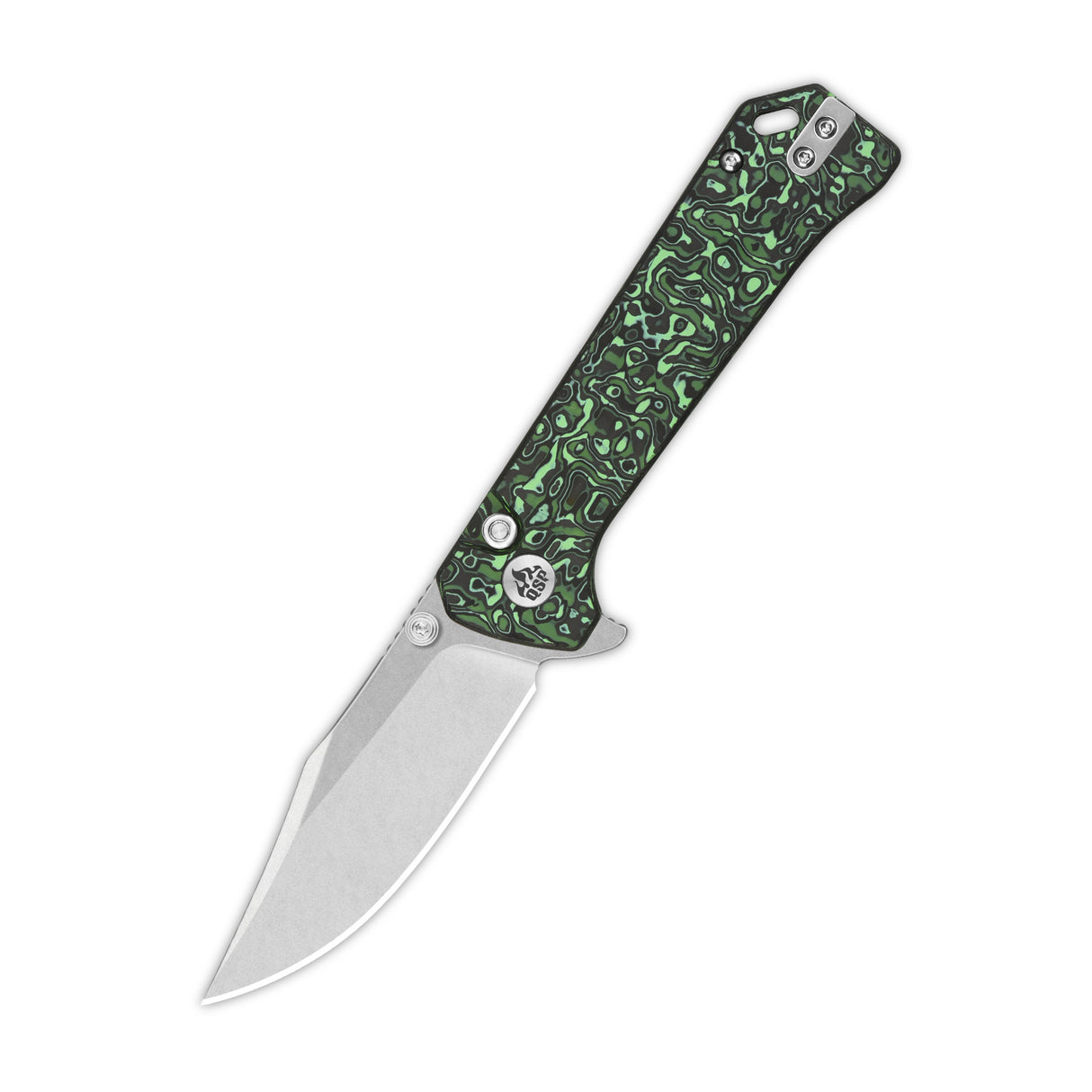 QSP Grebe Button Lock Pocket Knife with green camo carbon fiber handle