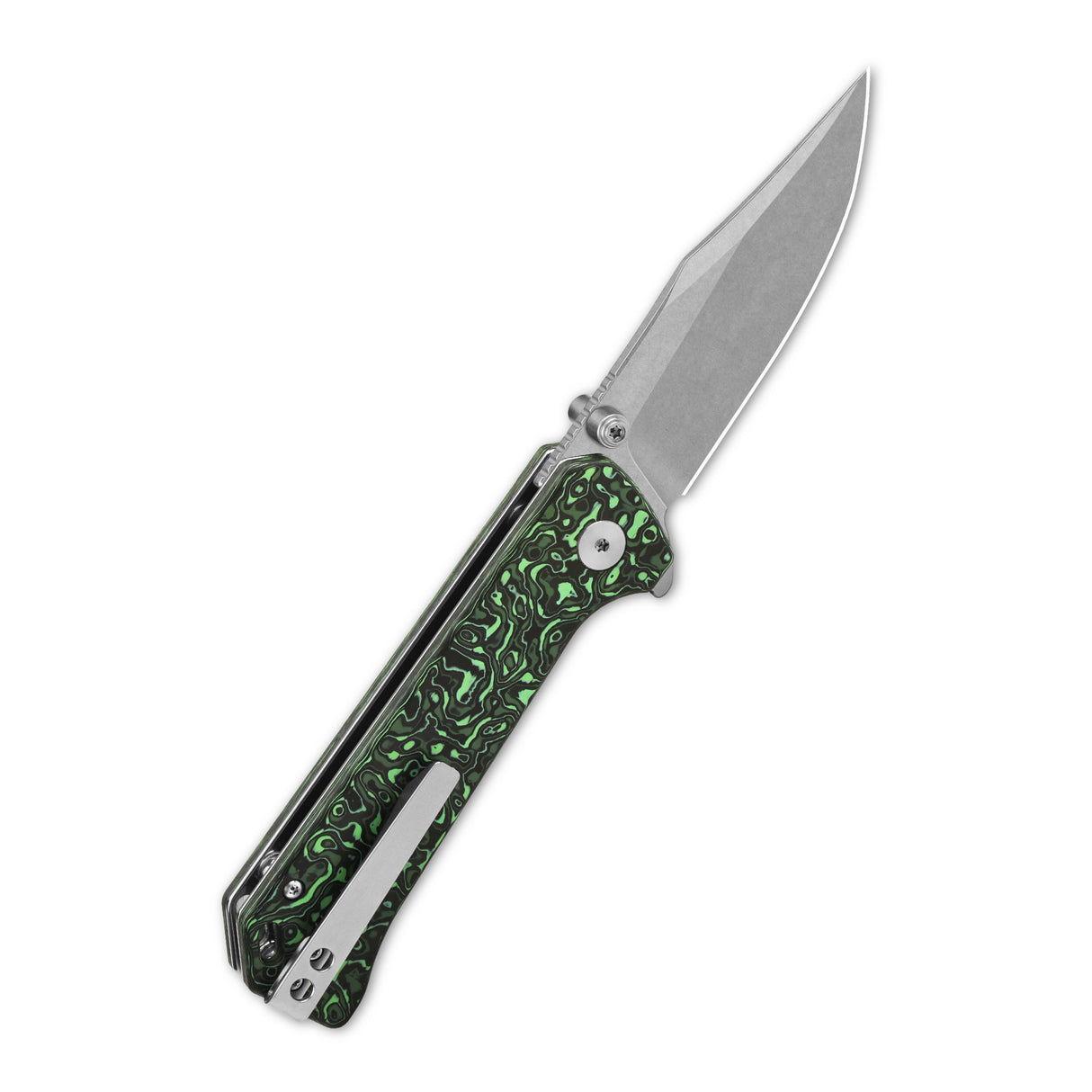 QSP Grebe pocket knife with green camo CF handle and S35VN blade in open position.