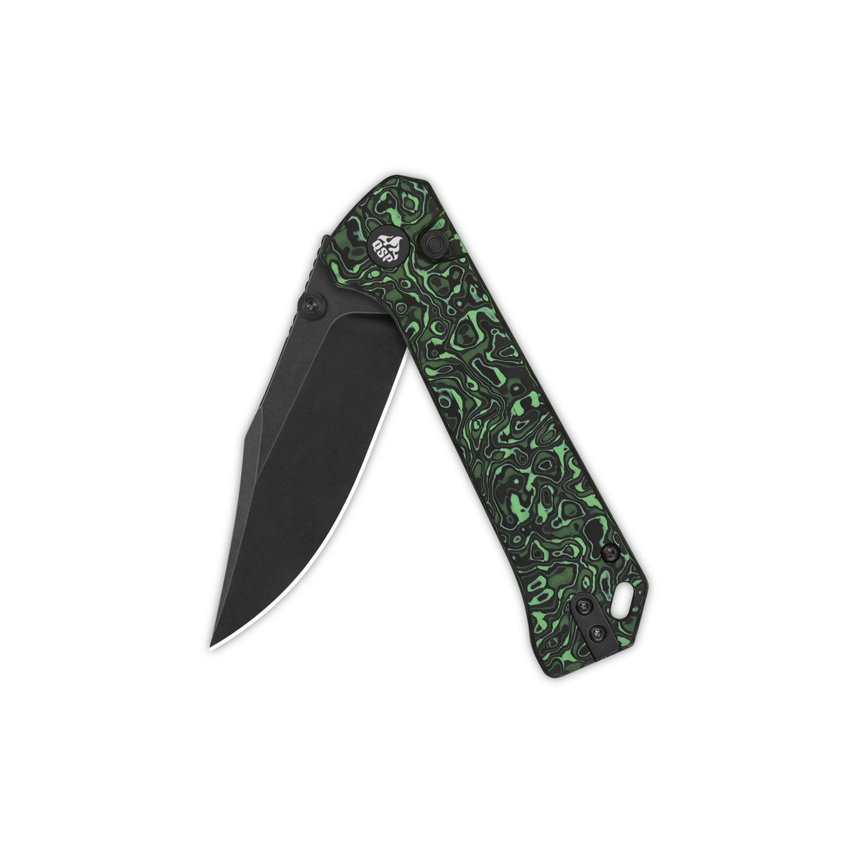 QSP Grebe pocket knife with green camo CF handle and S35VN blade in partially open position.