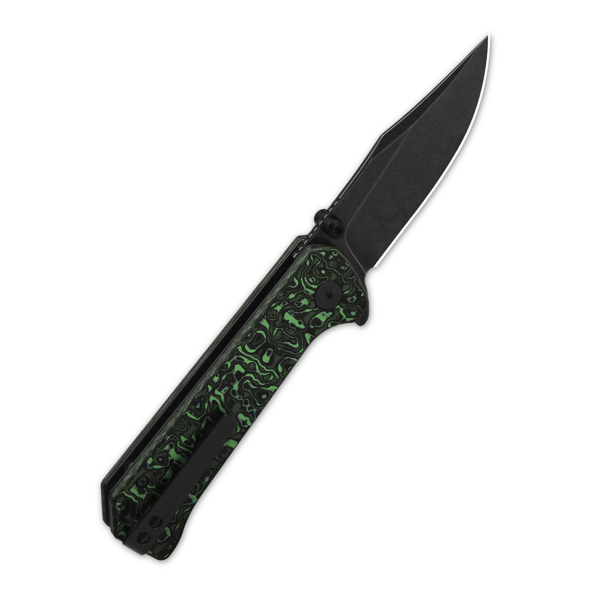 QSP Grebe Pocket Knife with green camo CF handle and S35VN blade, open view