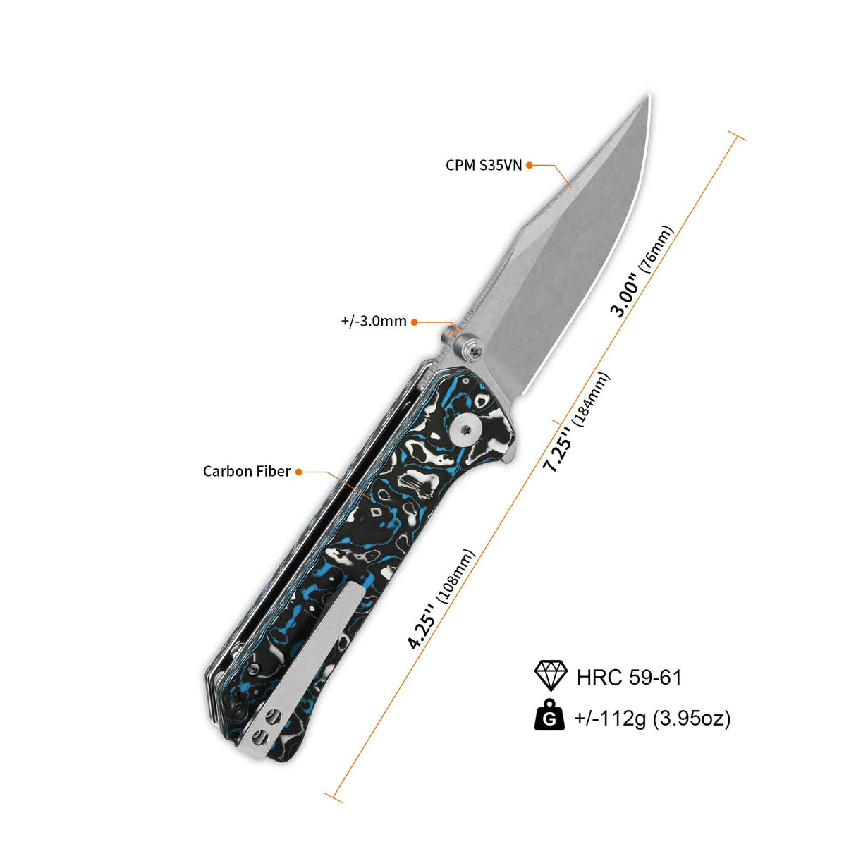 QSP Grebe Button Lock Pocket Knife S35VN blade Blue camo CF Handle