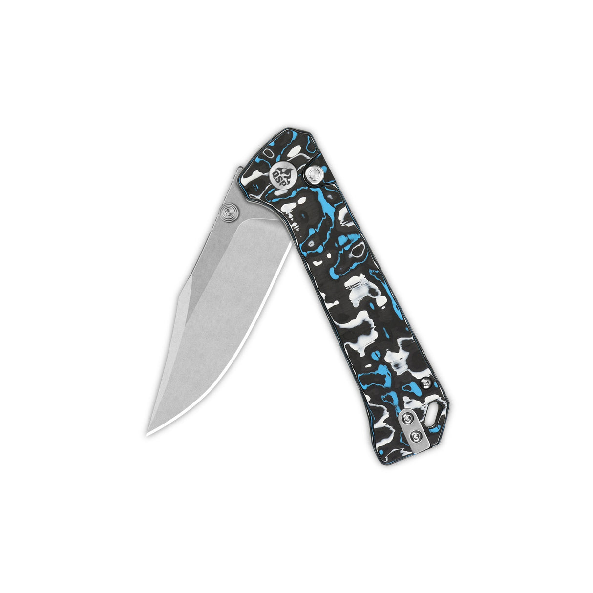 QSP Grebe pocket knife with S35VN clip point blade and blue camo CF handle deployed