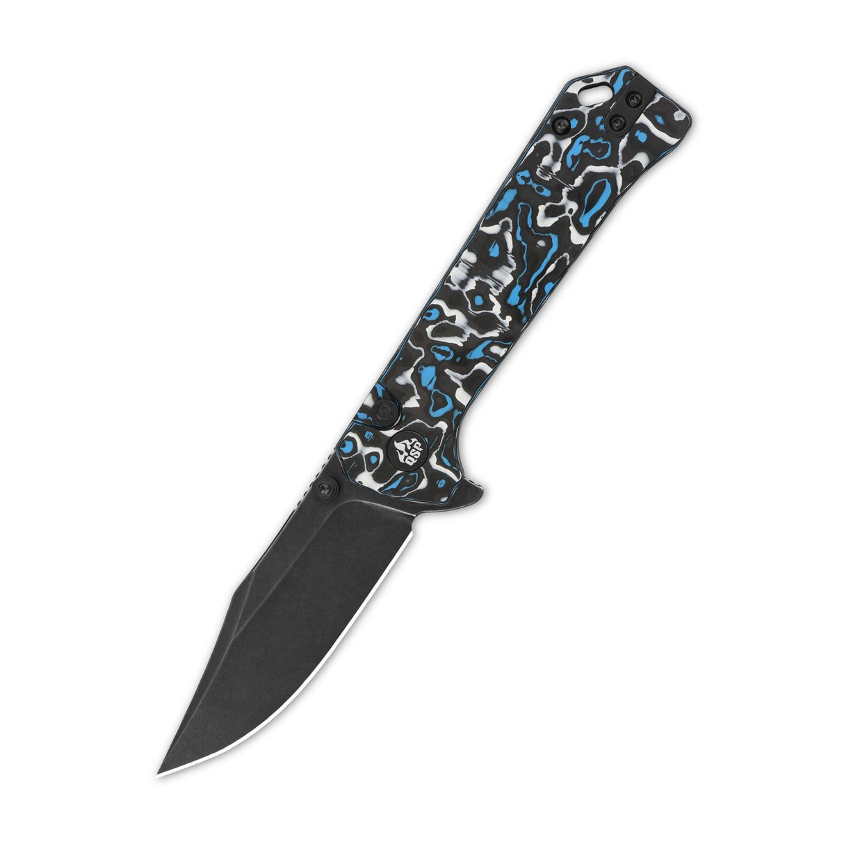 QSP Grebe Pocket Knife with blue marbled handle and black blade design.