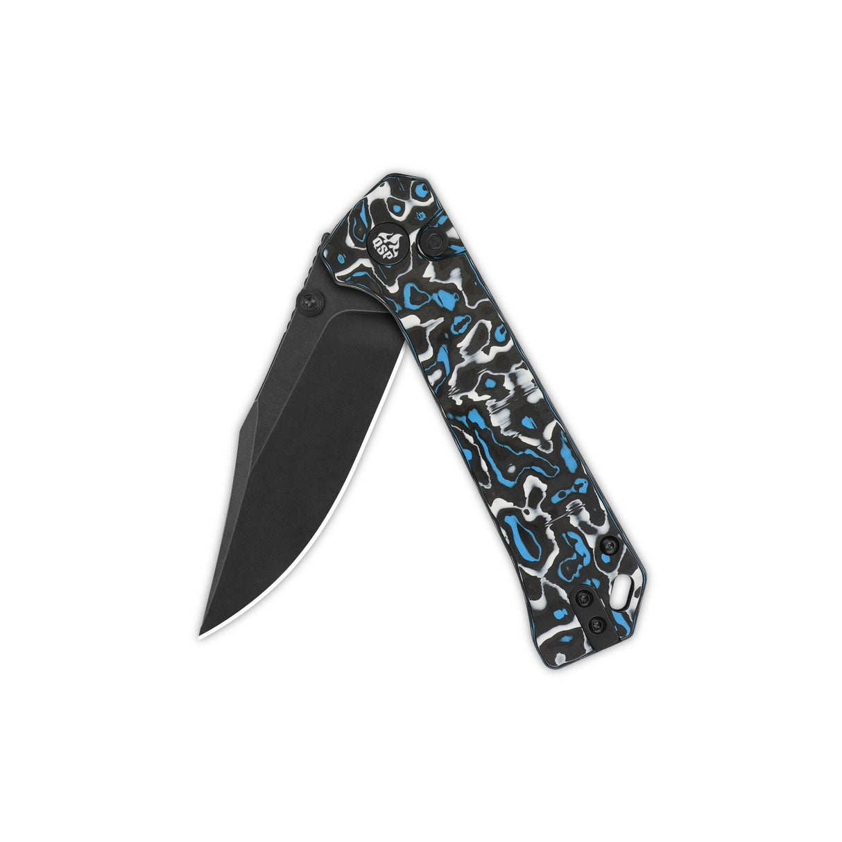 QSP Grebe pocket knife with S35VN clip point blade and blue camo CF handle