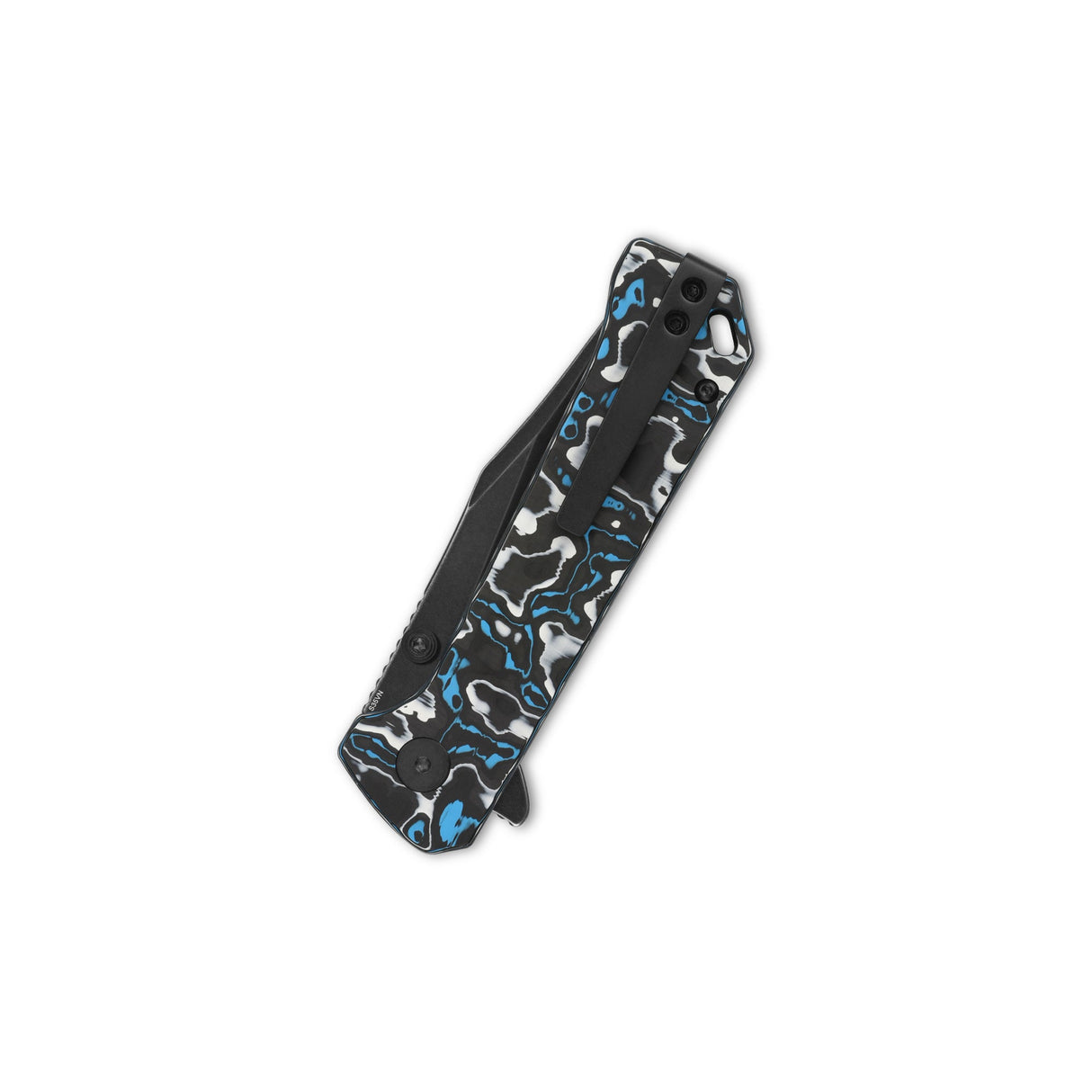 QSP Grebe pocket knife with blue camo carbon fiber handle, closed position.