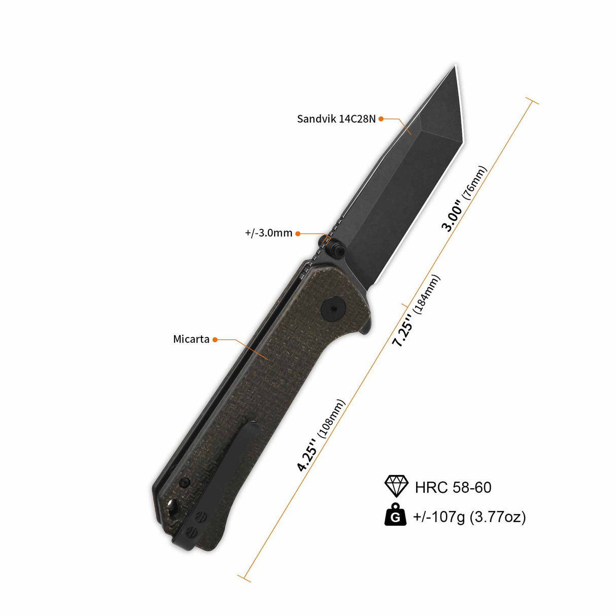 QSP Grebe T Pocket Knife with tanto blade and dark brown Micarta handle dimensions