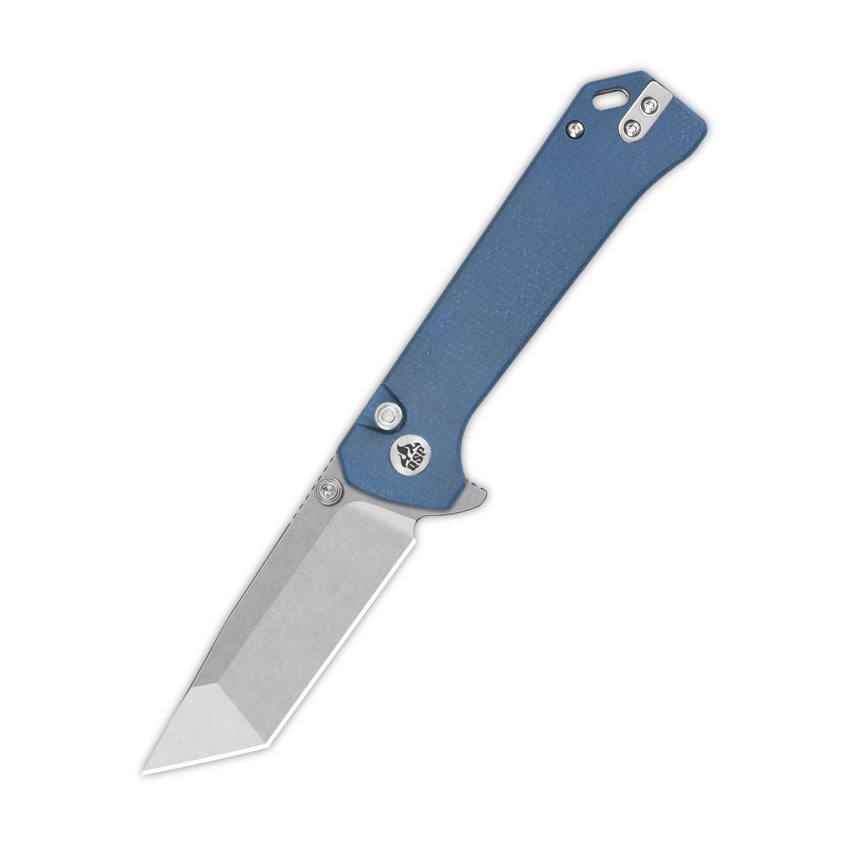 QSP Grebe T pocket knife with blue Micarta handle and tanto 14C28N blade.