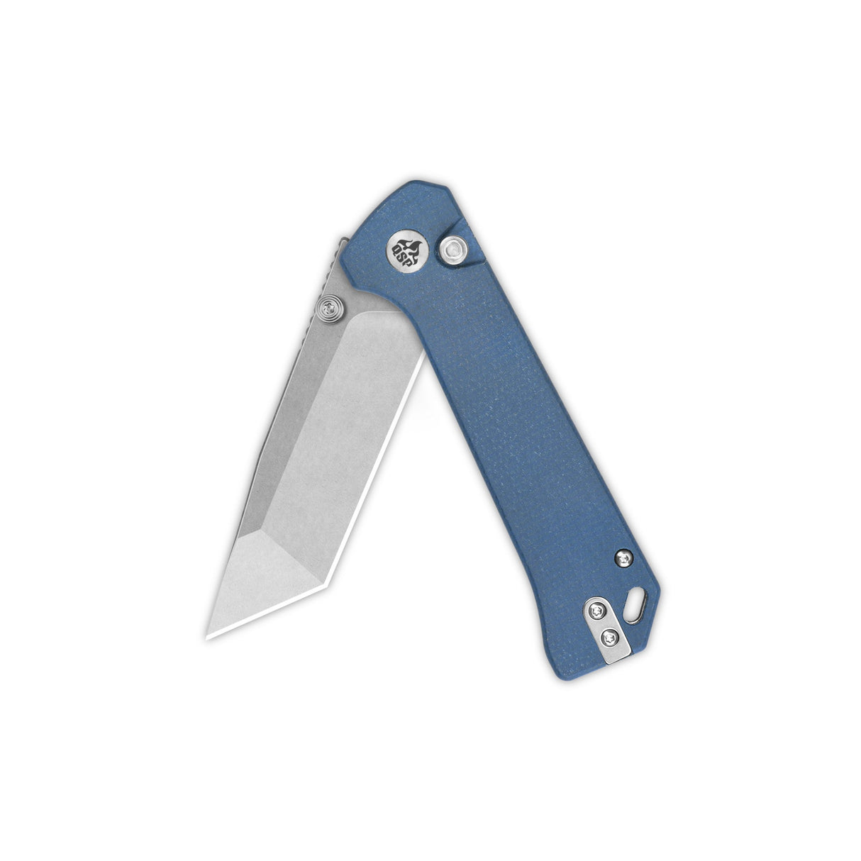QSP Grebe T pocket knife with blue Micarta handle and tanto blade in open position