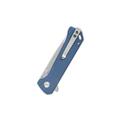 Compact QSP Grebe T pocket knife with blue Micarta handle and tanto blade.